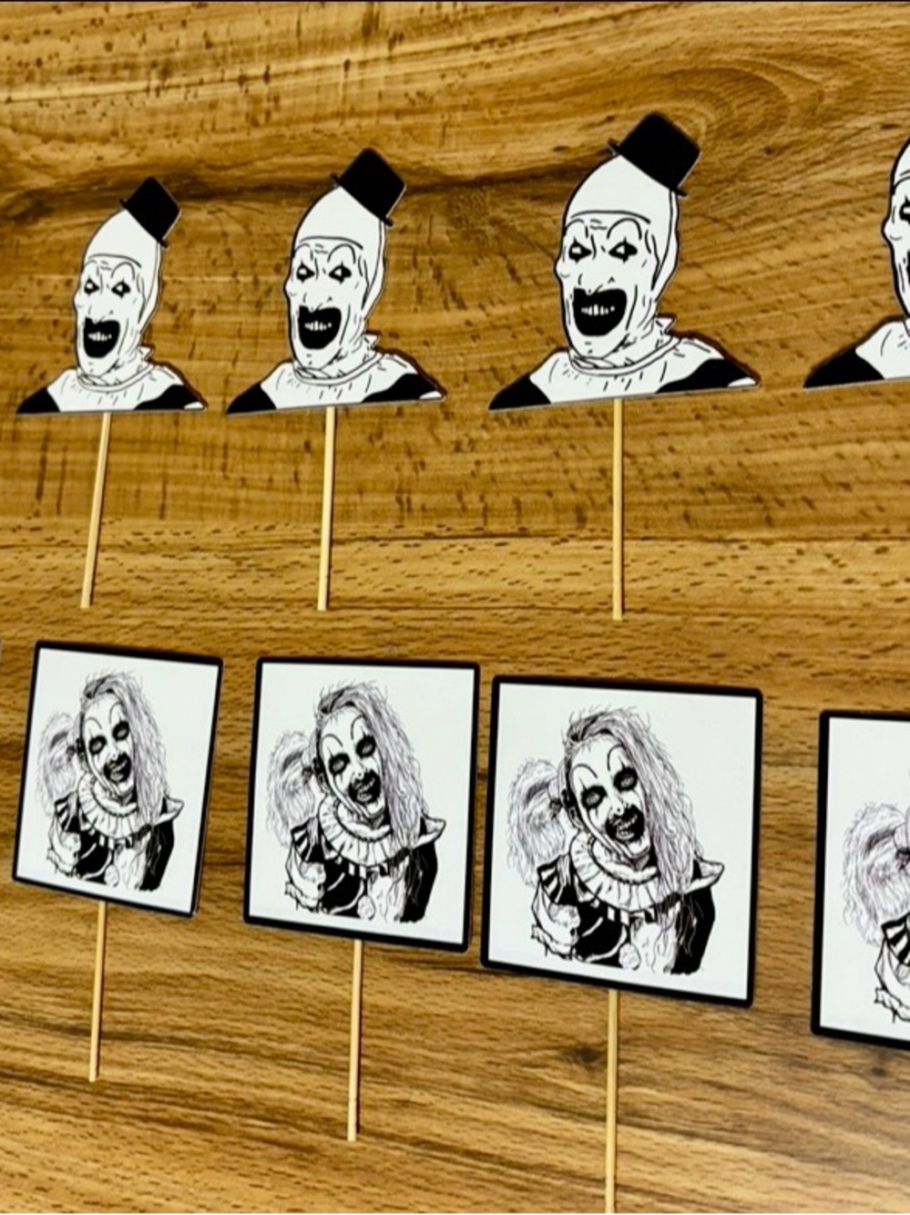 Scary Clown Cupcake Toppers - Black & White Horror Party Picks